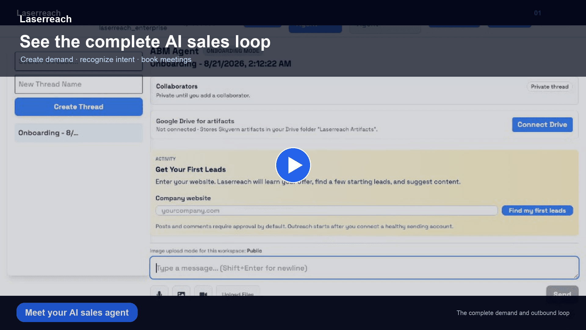 Laserreach product tour showing the real sales agent workspace
