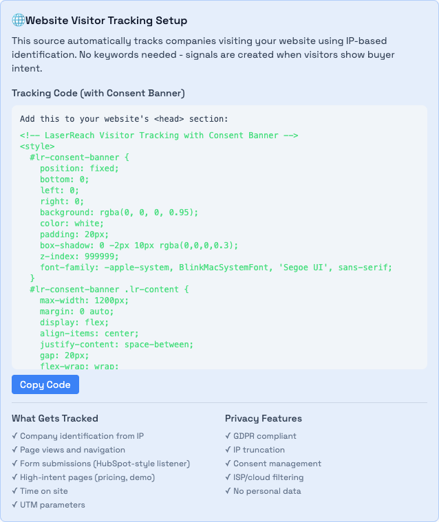 Website Visitor Tracking Setup modal with tracking code